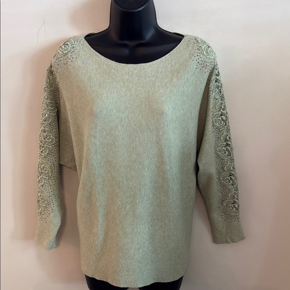 Embellished Scoop Neck Sweater in Sage Sea foam Green - lace sheer sleeves Large